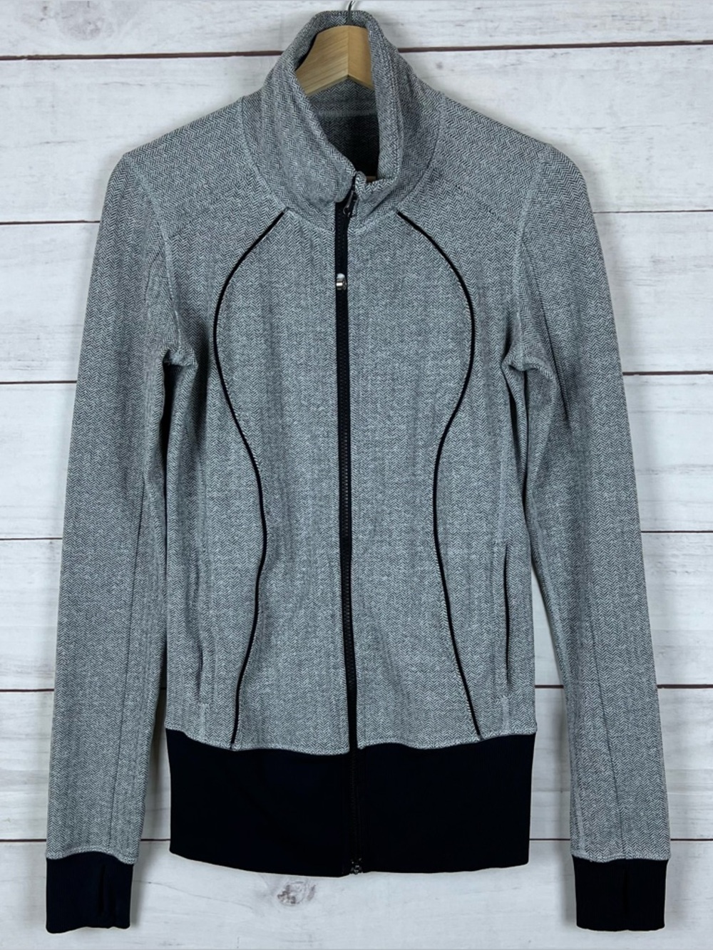 Lululemon Asana Jacket Women 6 Full Zip Gray Herringbone Longline
